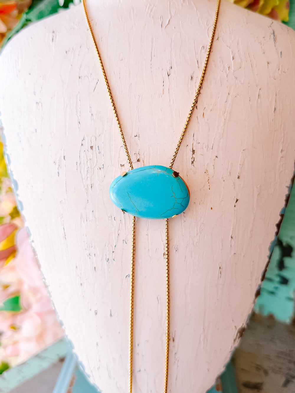TALLULAH TURQUOISE STONE ADJUSTABLE BOLO NECKLACE - 18K GOLD