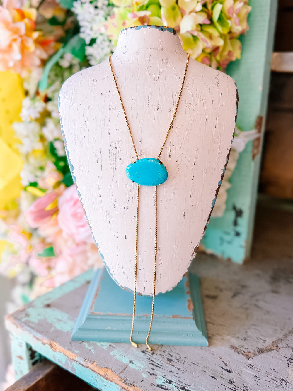 TALLULAH TURQUOISE STONE ADJUSTABLE BOLO NECKLACE - 18K GOLD