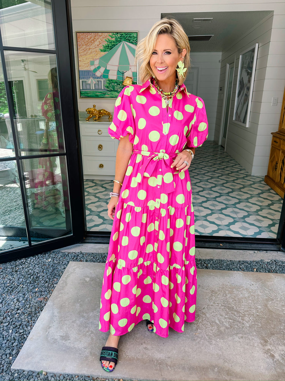 DANIELA POLKA DOT MIDI DRESS - HOT PINK/GREEN
