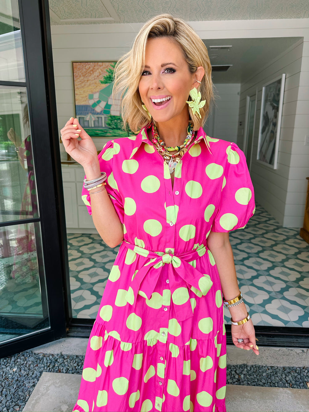 DANIELA POLKA DOT MIDI DRESS - HOT PINK/GREEN