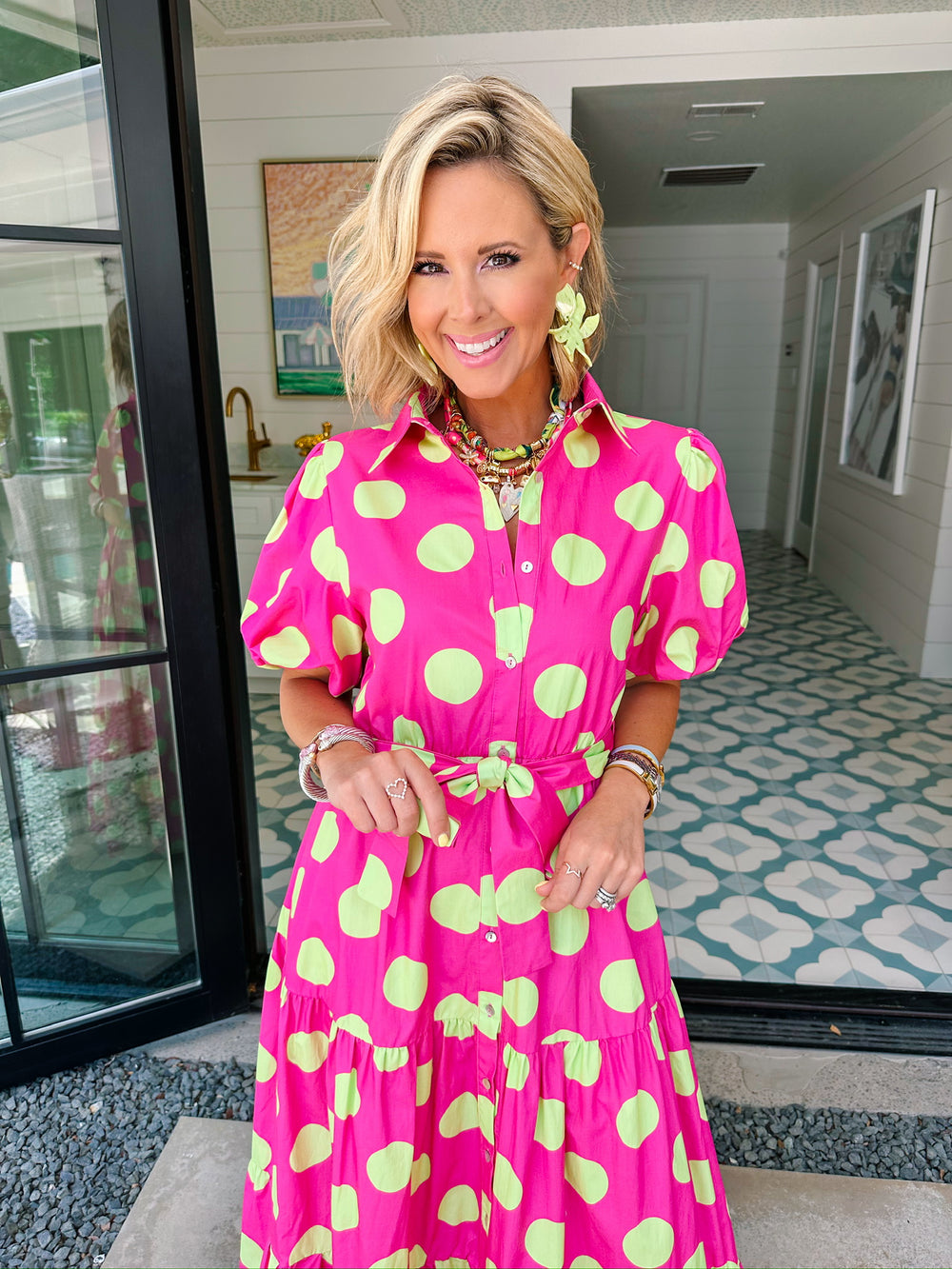 DANIELA POLKA DOT MIDI DRESS - HOT PINK/GREEN