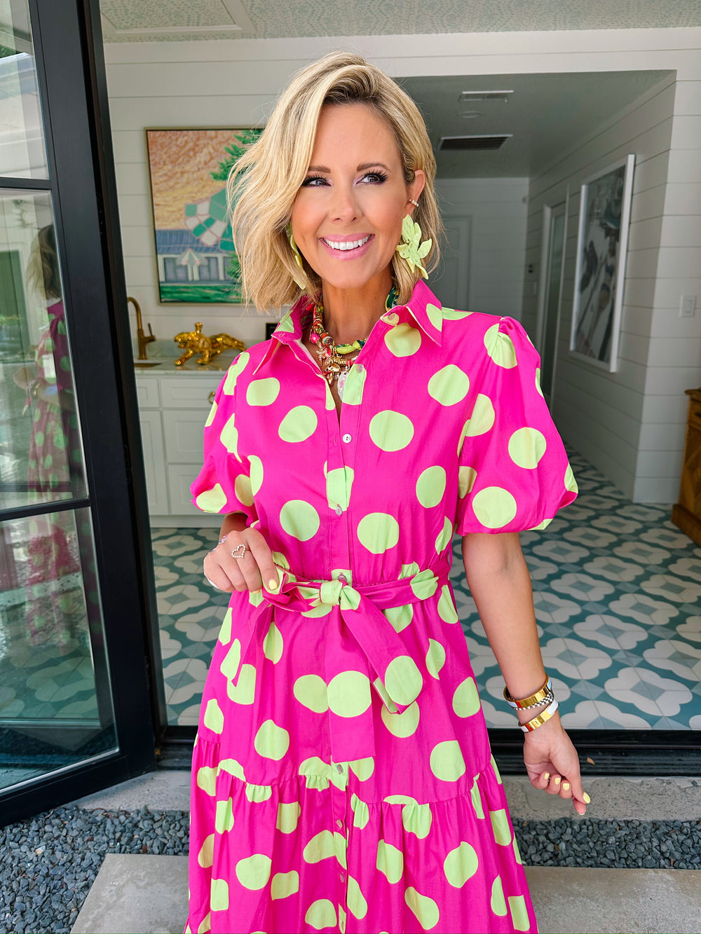 DANIELA POLKA DOT MIDI DRESS - HOT PINK/GREEN