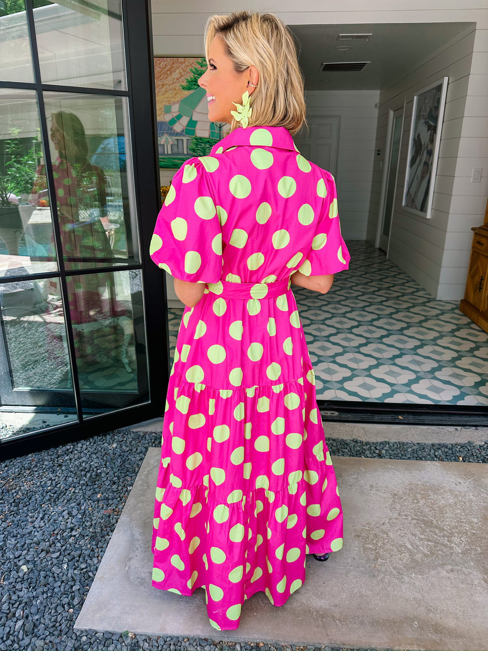 DANIELA POLKA DOT MIDI DRESS - HOT PINK/GREEN