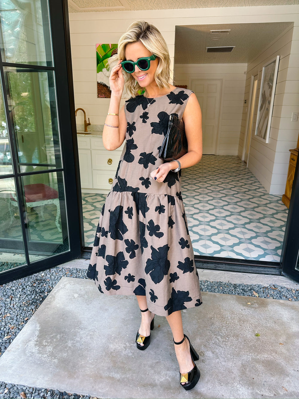 SHADOW OF A THOUGHT FLORAL DROP WAIST MIDI DRESS - BLACK/BROWN