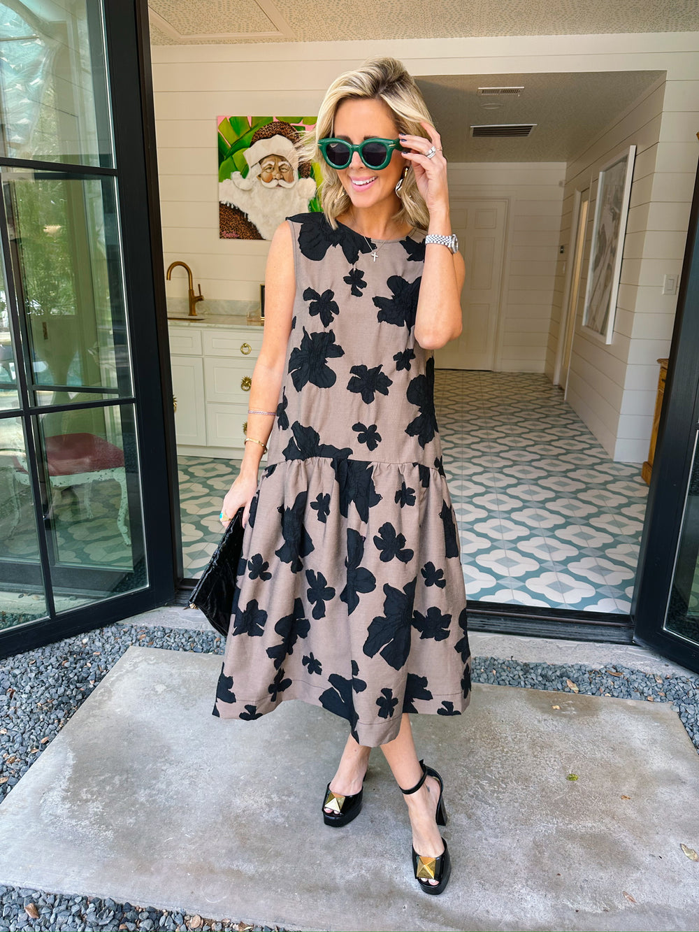 SHADOW OF A THOUGHT FLORAL DROP WAIST MIDI DRESS - BLACK/BROWN