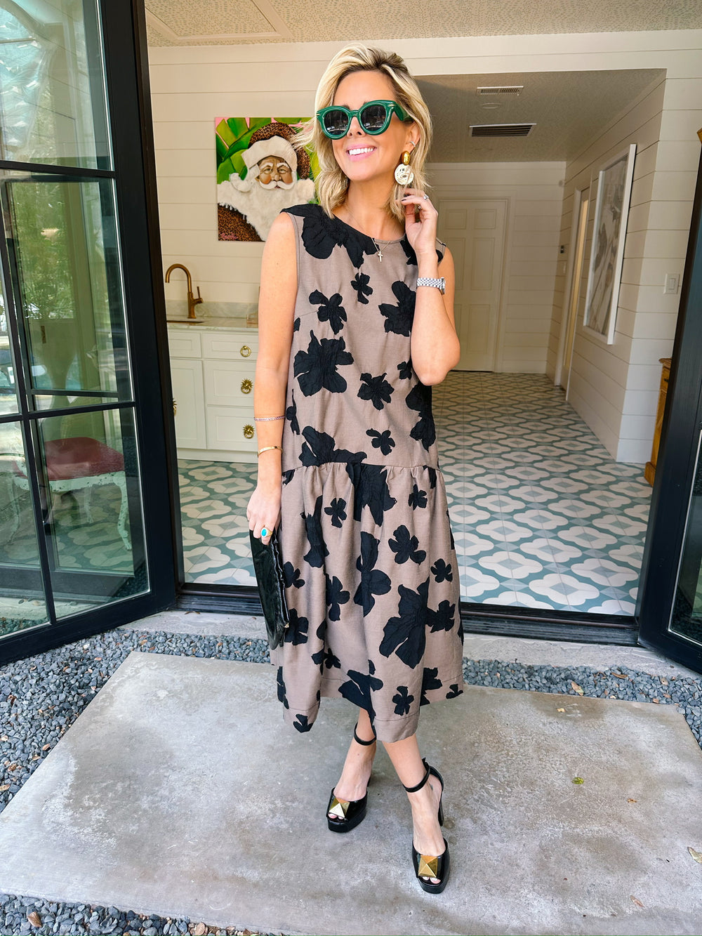 SHADOW OF A THOUGHT FLORAL DROP WAIST MIDI DRESS - BLACK/BROWN