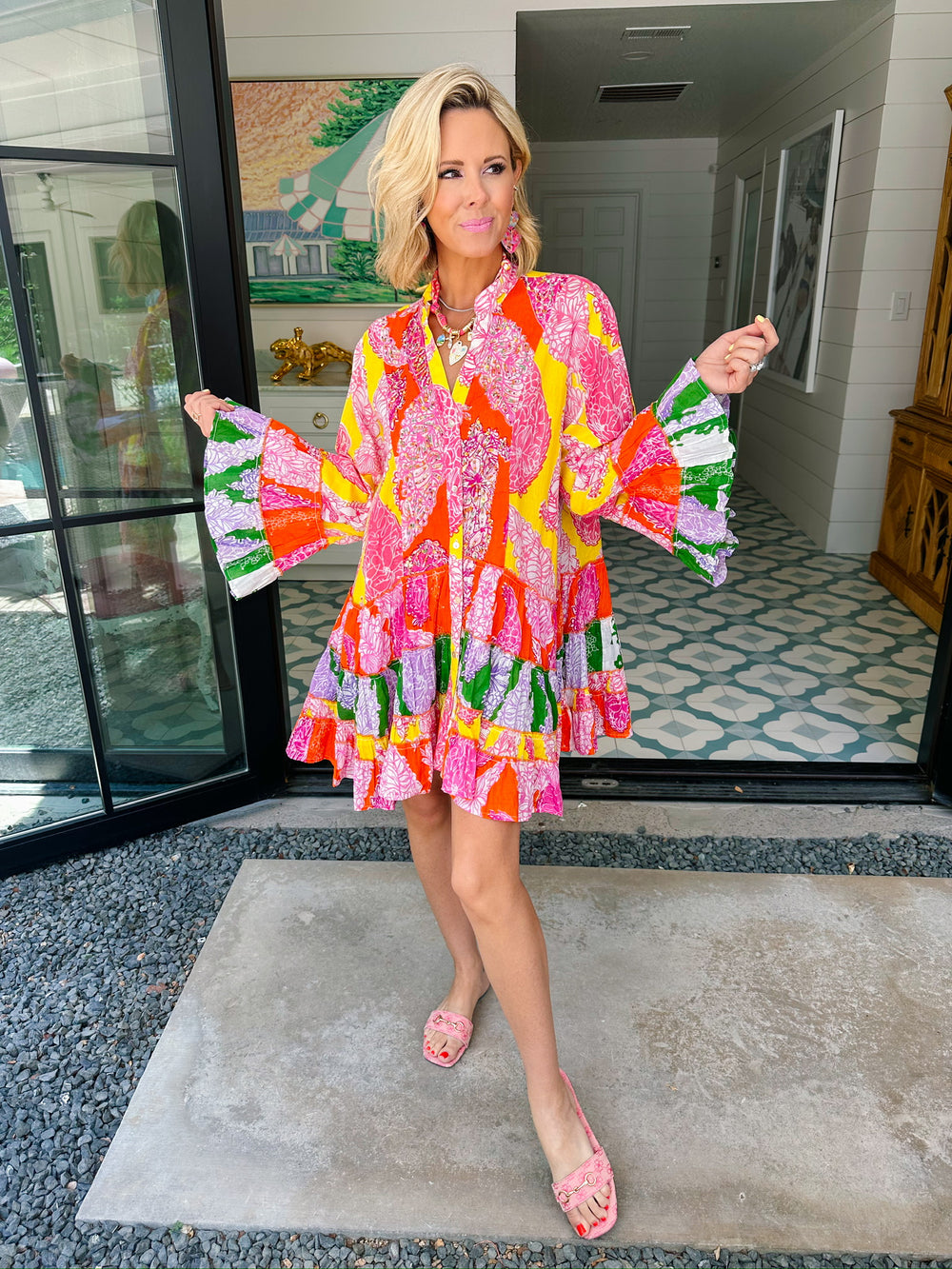 ISLA SUNSET FLORAL BEADED LONG SLEEVE DRESS - YELLOW/CORAL