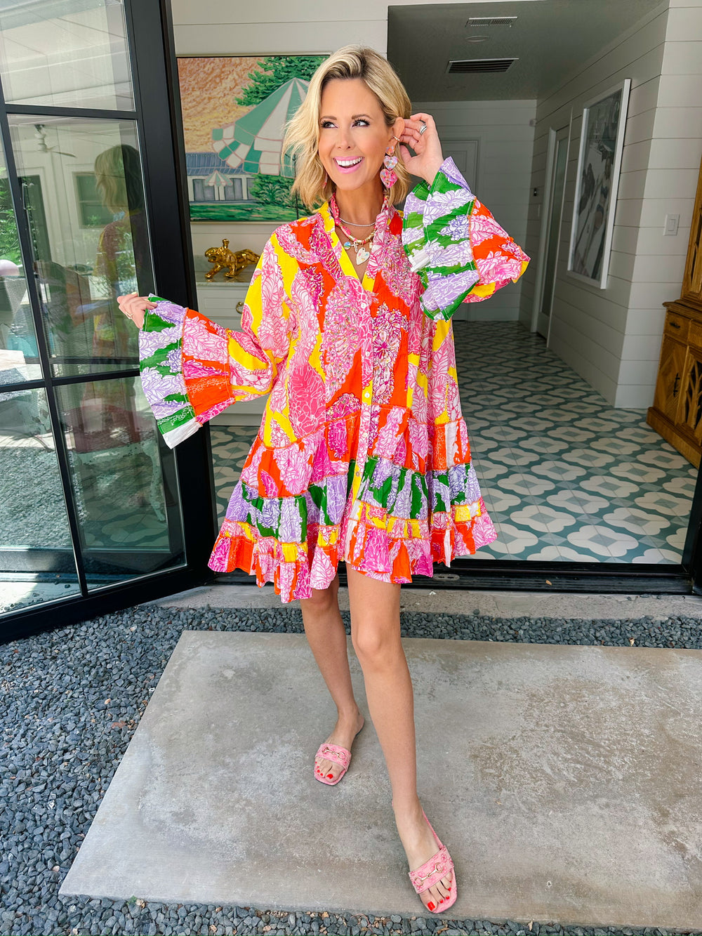 ISLA SUNSET FLORAL BEADED LONG SLEEVE DRESS - YELLOW/CORAL