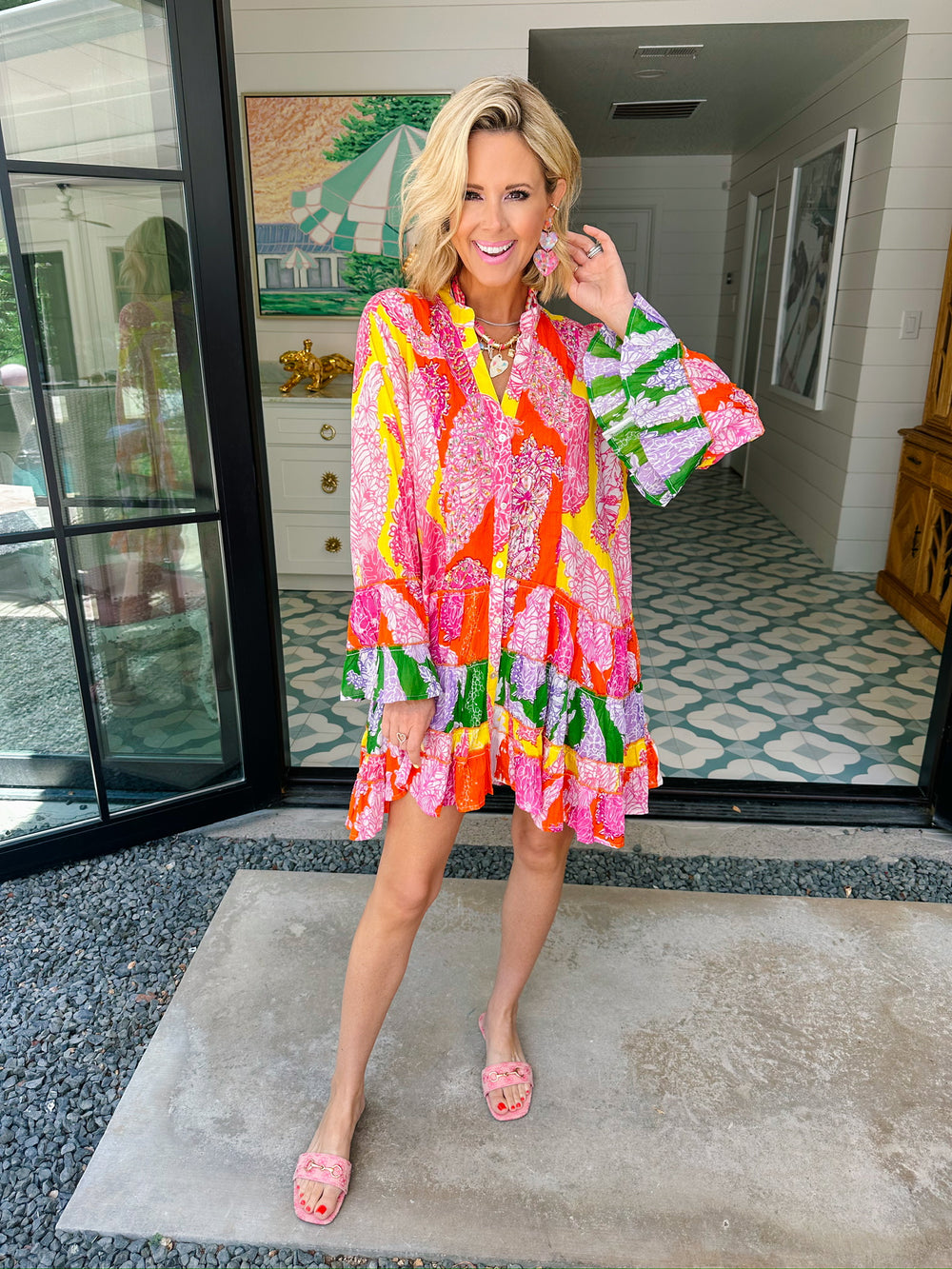 ISLA SUNSET FLORAL BEADED LONG SLEEVE DRESS - YELLOW/CORAL