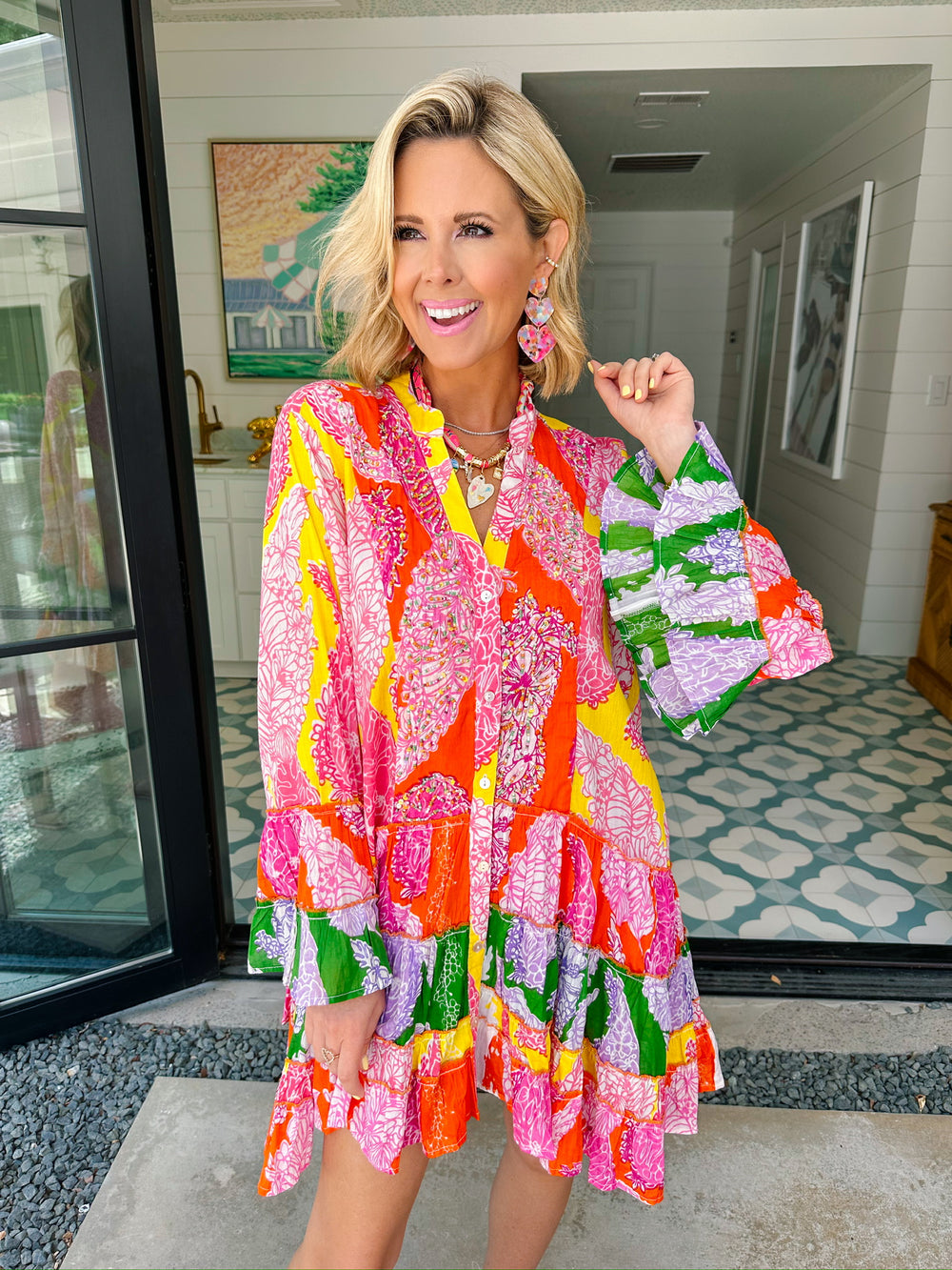 ISLA SUNSET FLORAL BEADED LONG SLEEVE DRESS - YELLOW/CORAL