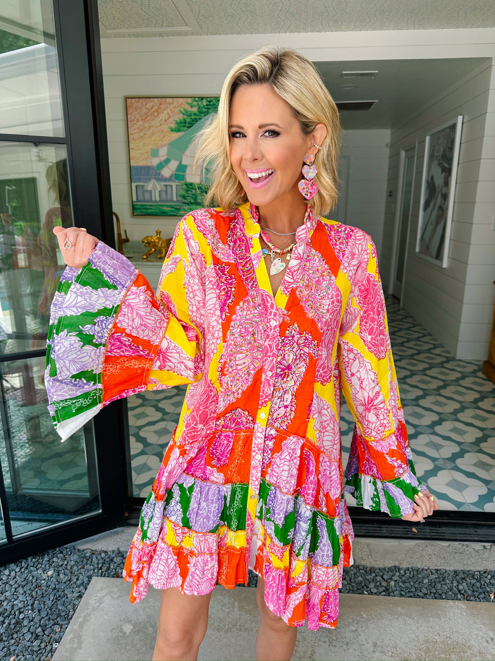 ISLA SUNSET FLORAL BEADED LONG SLEEVE DRESS - YELLOW/CORAL