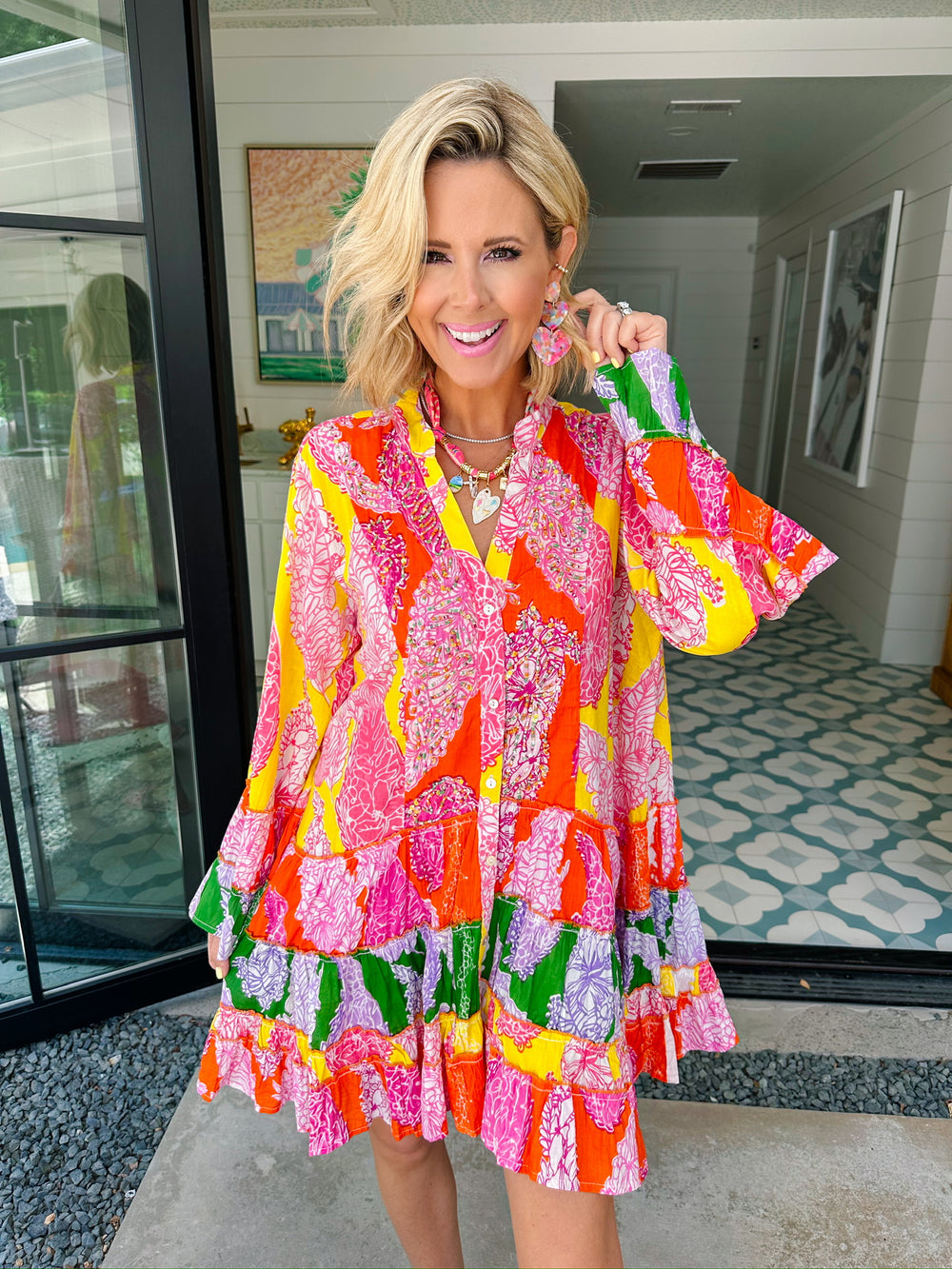 ISLA SUNSET FLORAL BEADED LONG SLEEVE DRESS - YELLOW/CORAL