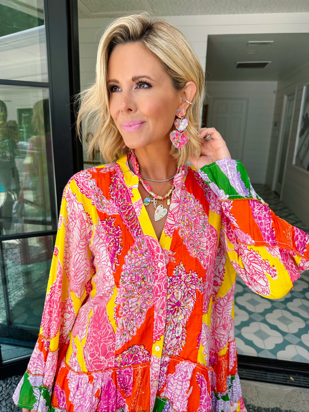 ISLA SUNSET FLORAL BEADED LONG SLEEVE DRESS - YELLOW/CORAL