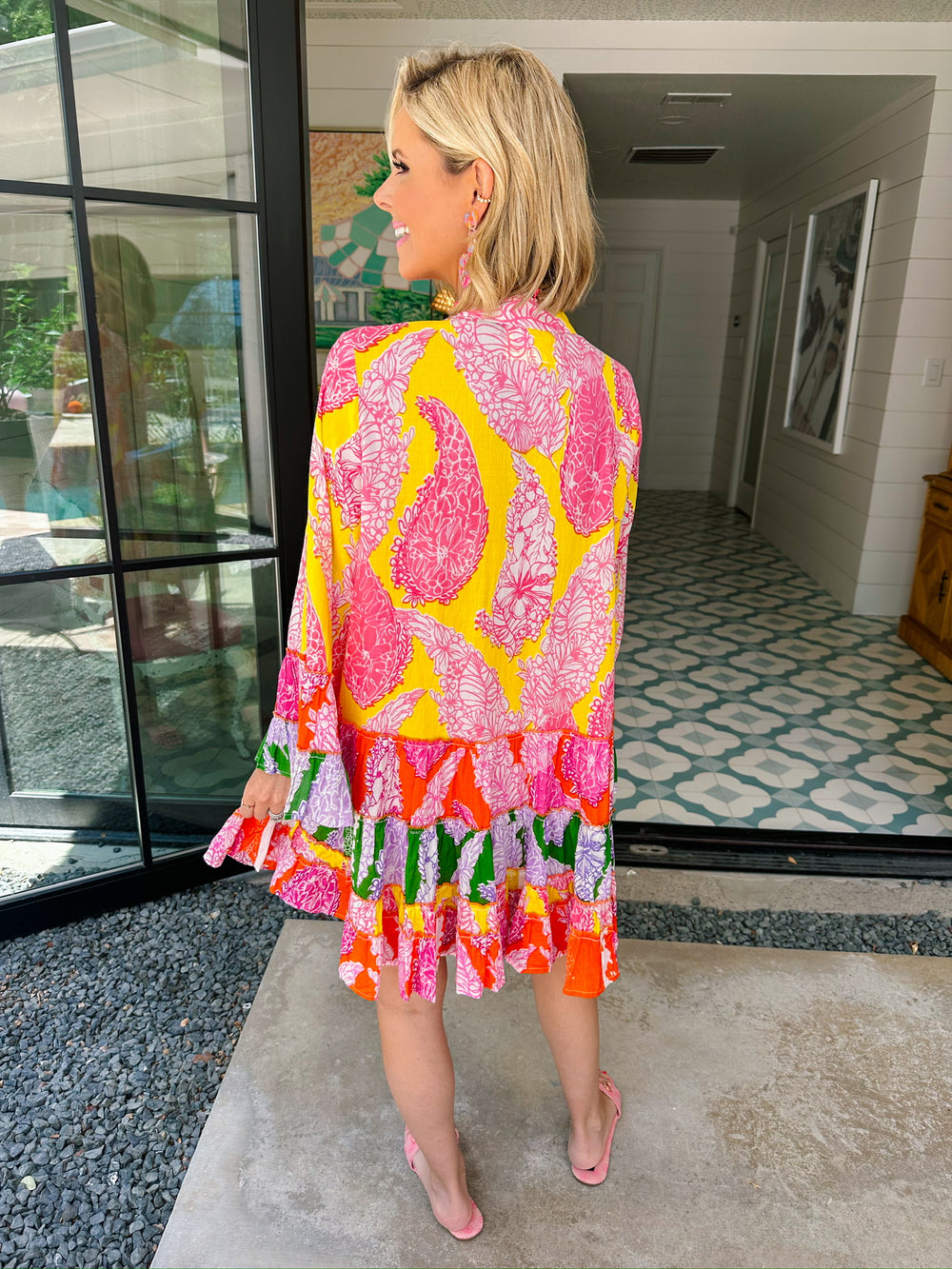 ISLA SUNSET FLORAL BEADED LONG SLEEVE DRESS - YELLOW/CORAL
