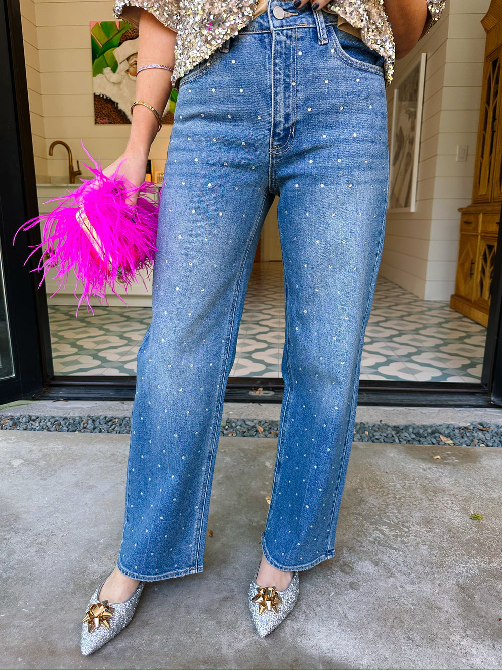 RHINESTONE REVIVAL HIGH RISE STRAIGHT LEG JEAN