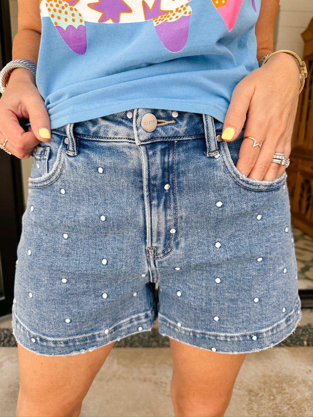 DAVINA POLKA DOT EMBROIDERED DENIM RELAXED SHORTS - MEDIUM