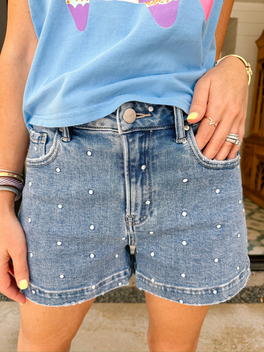 DAVINA POLKA DOT EMBROIDERED DENIM RELAXED SHORTS - MEDIUM