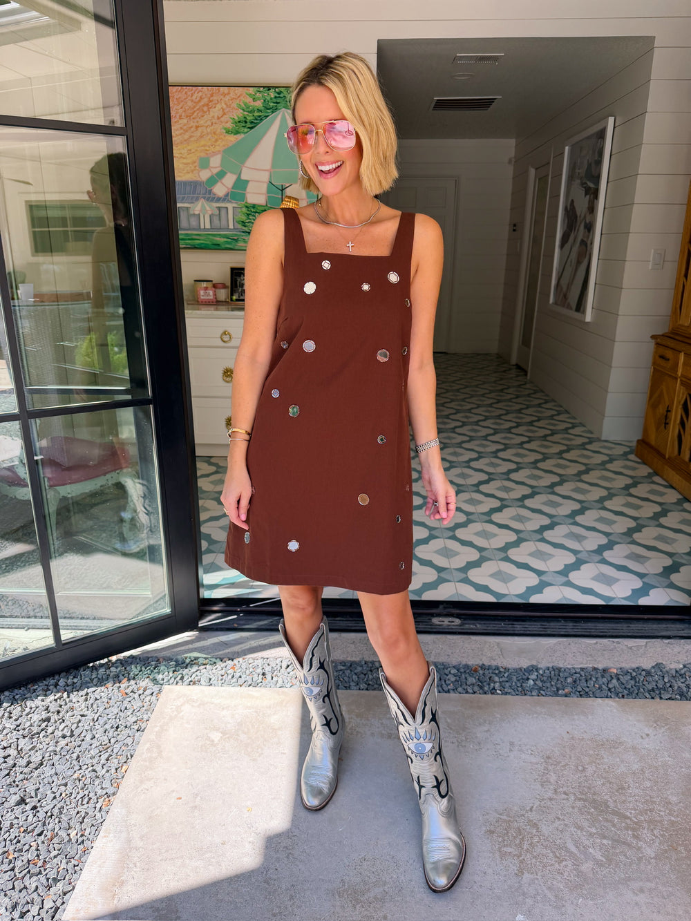 CATCH YOUR REFLECTION SCATTERED MIRROR DRESS - BROWN