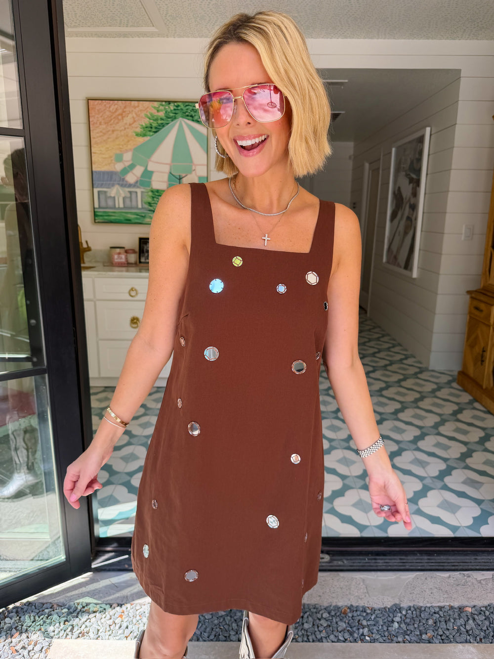CATCH YOUR REFLECTION SCATTERED MIRROR DRESS - BROWN