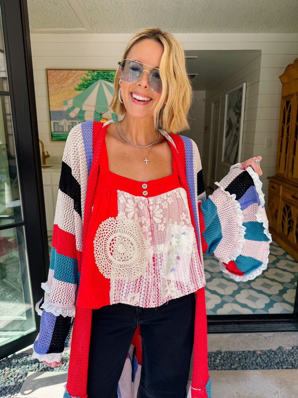 WHEREVER YOU WANDER LACE TRIM RUFFLE STRIPE CARDIGAN - RED/WHITE