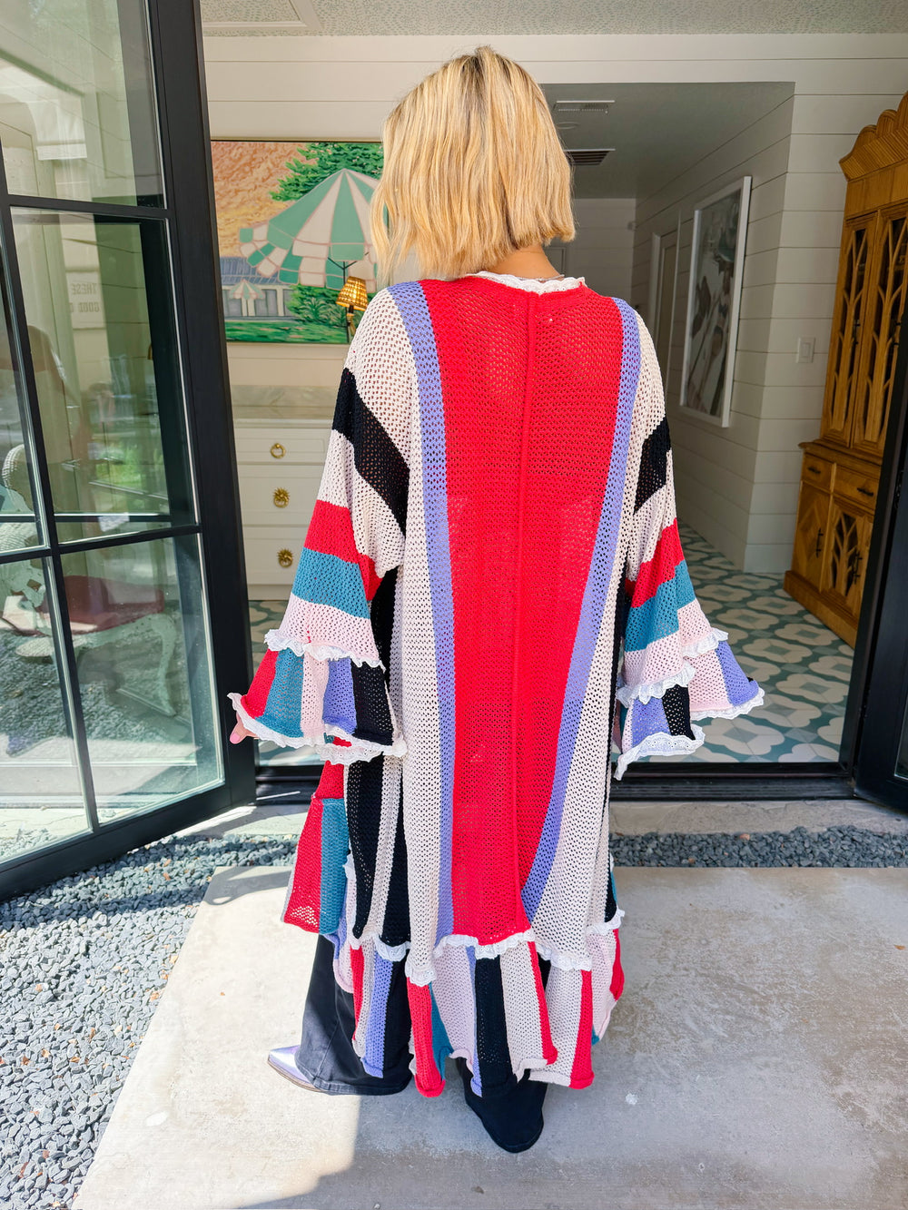 WHEREVER YOU WANDER LACE TRIM RUFFLE STRIPE CARDIGAN - RED/WHITE