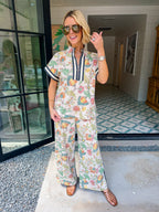 NEVER MISS A MOMENT FLORAL STRIPE TRIM PANT SET - CREAM