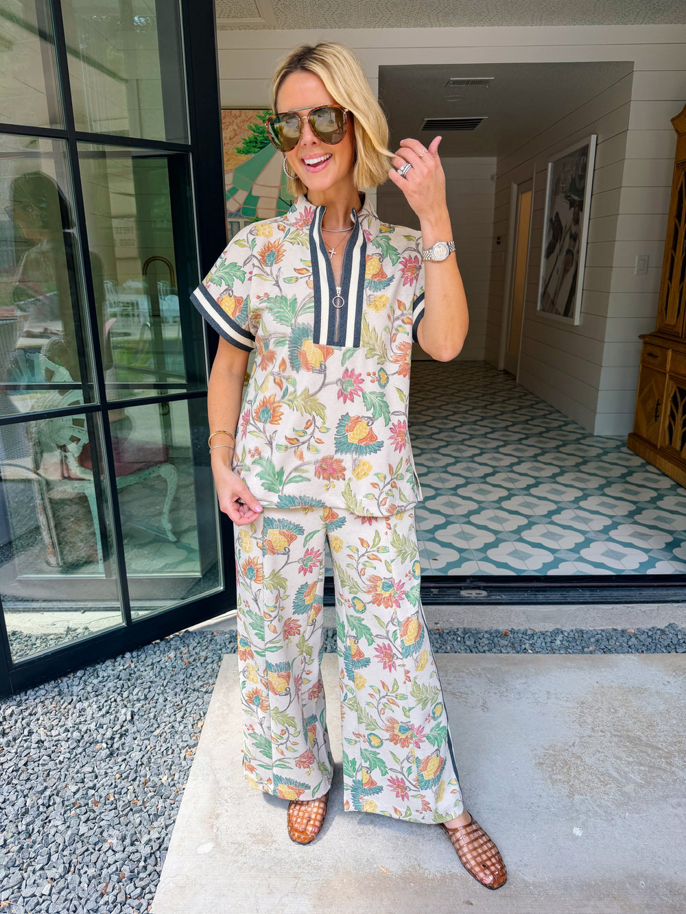 NEVER MISS A MOMENT FLORAL STRIPE TRIM PANT SET - CREAM