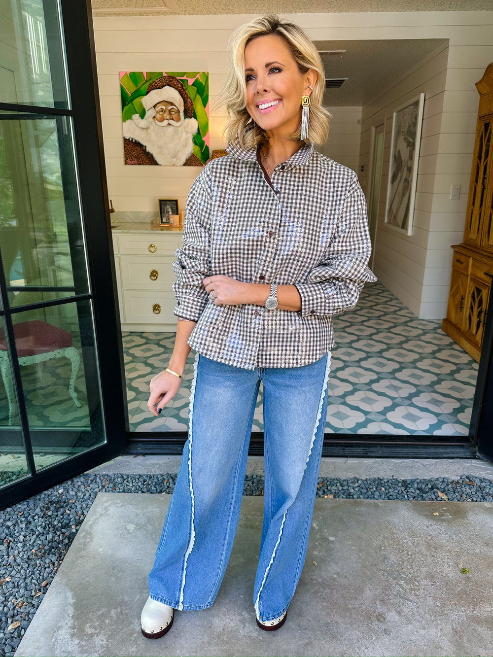 MARRON GINGHAM SEQUIN TOP - BROWN