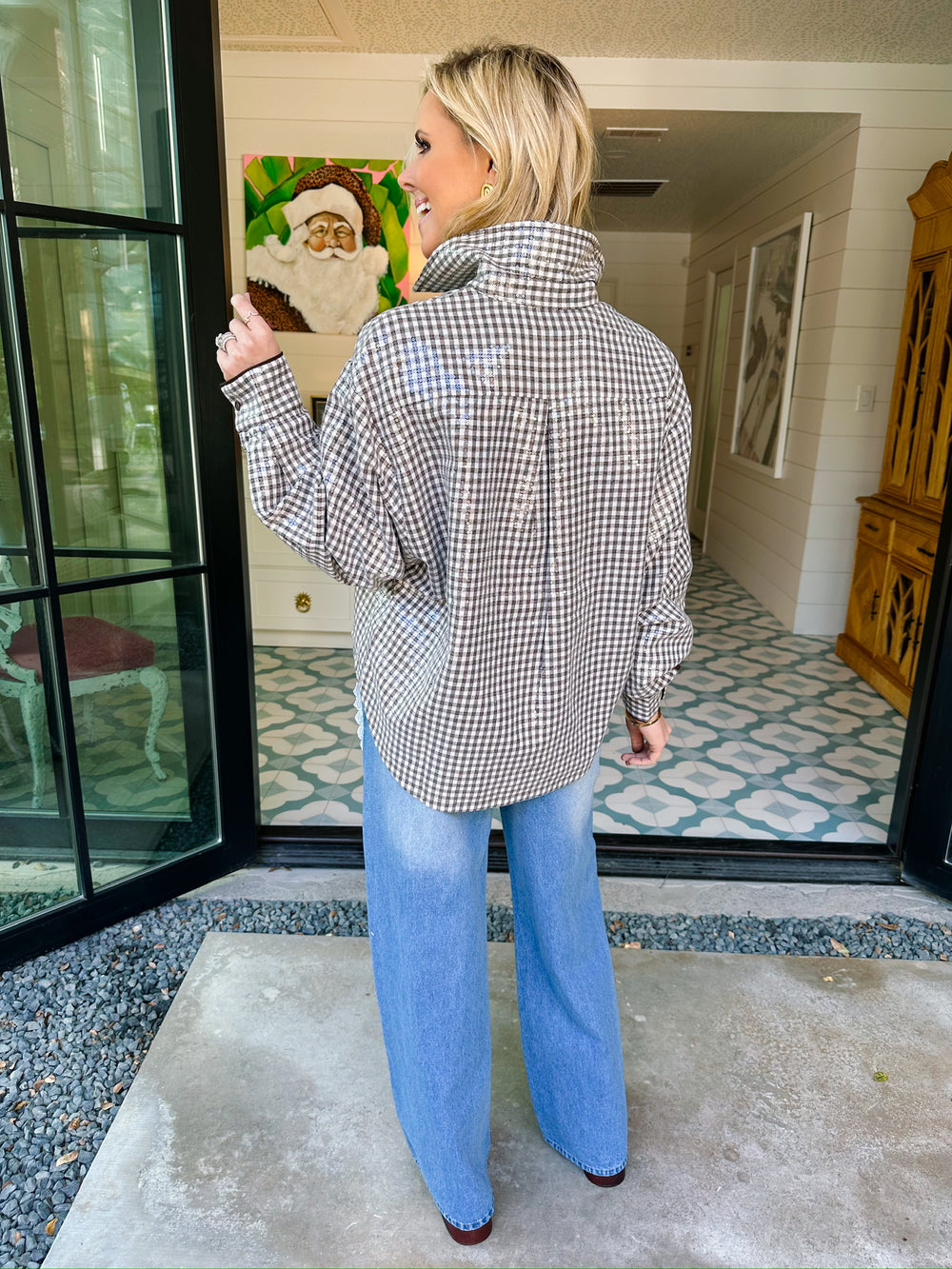 MARRON GINGHAM SEQUIN TOP - BROWN