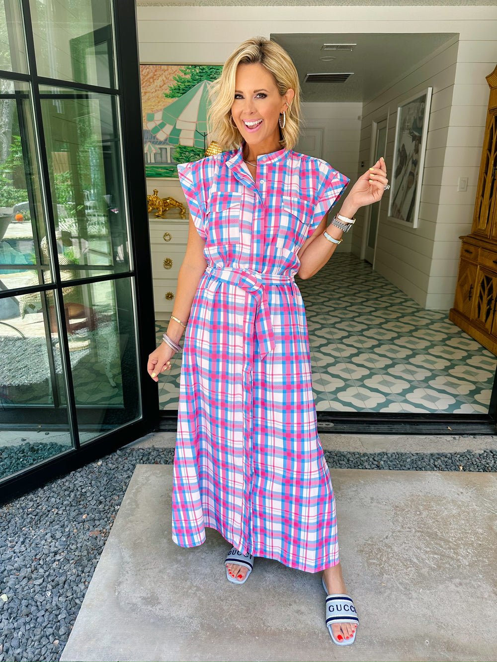 PENNY PLAID MIDI DRESS - PINK/BLUE