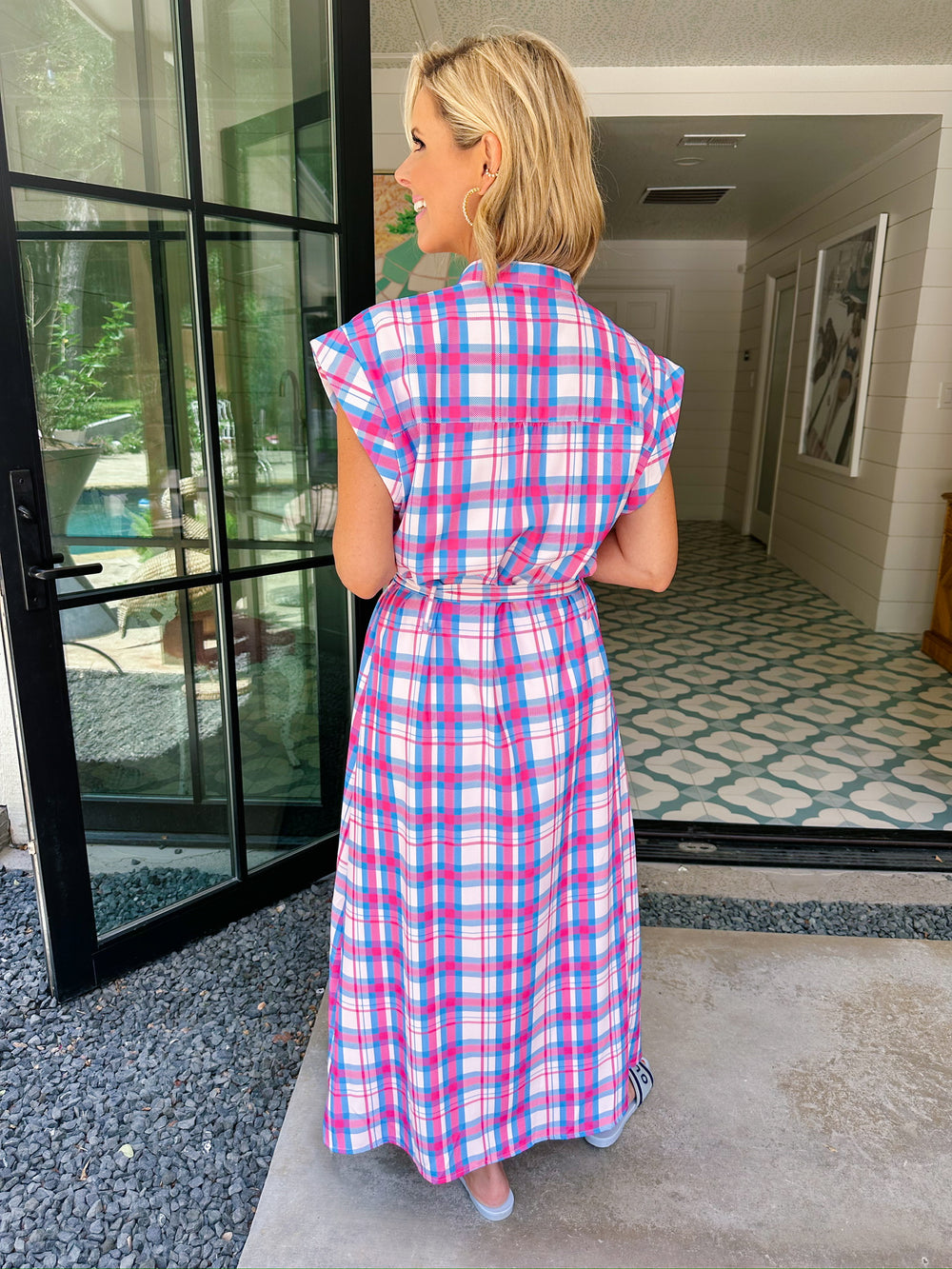 PENNY PLAID MIDI DRESS - PINK/BLUE