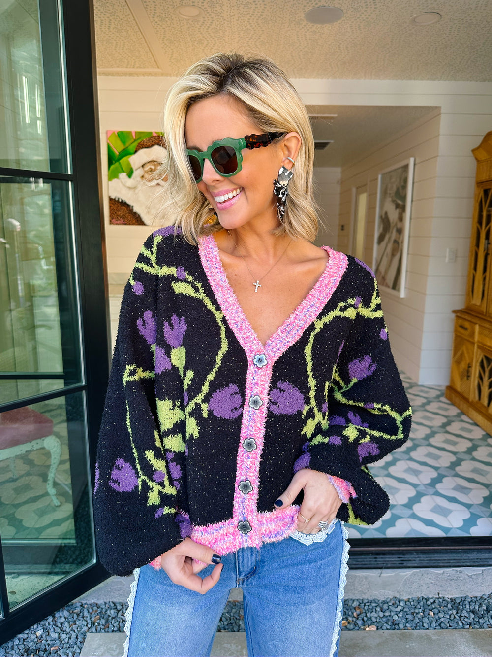 NOCTURNE GARDEN FLORAL CARDIGAN - BLACK