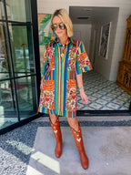 IT ALL FALLS INTO PLACE FLORAL PATCHWORK STRIPE DRESS