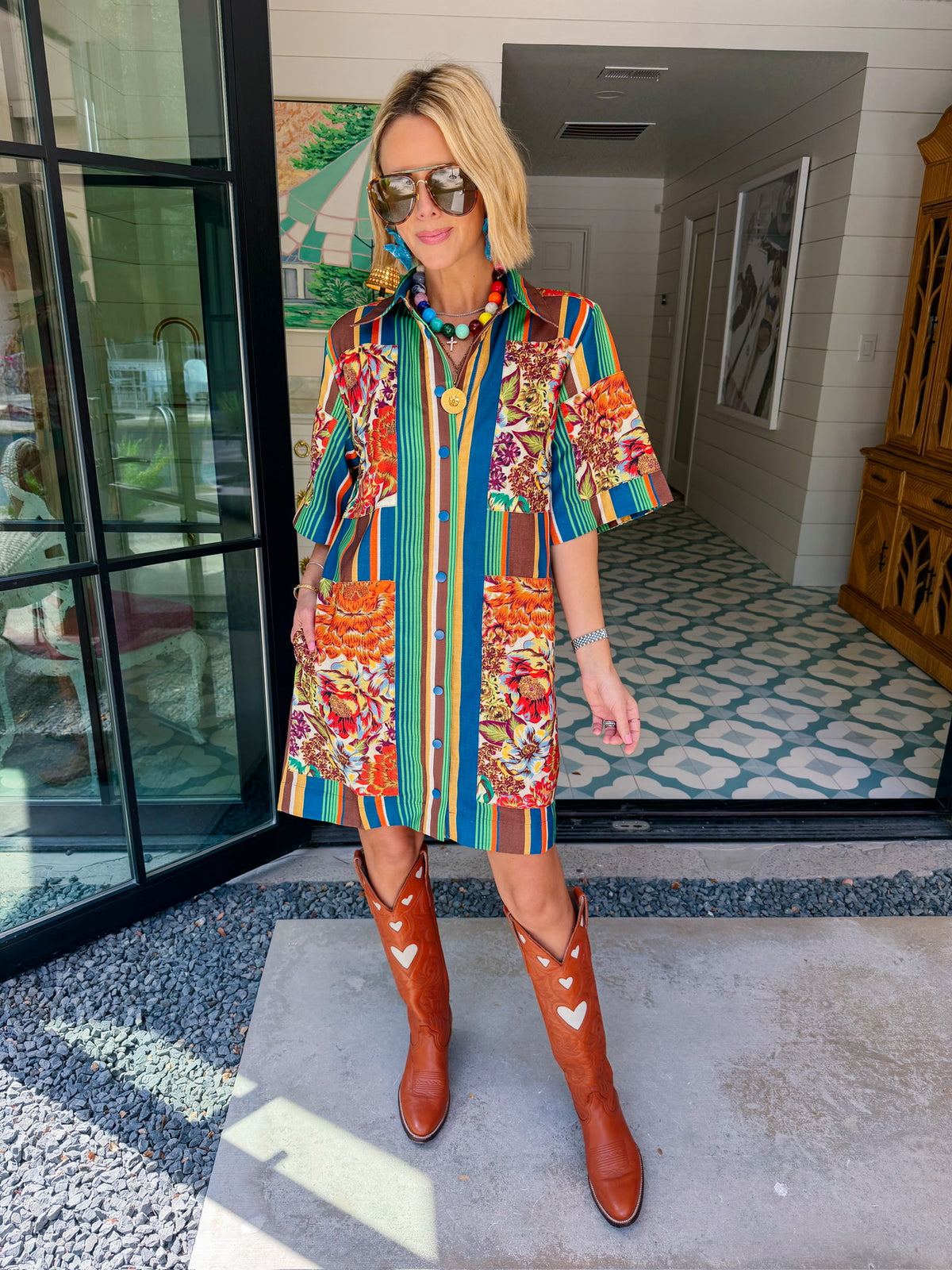 IT ALL FALLS INTO PLACE FLORAL PATCHWORK STRIPE DRESS