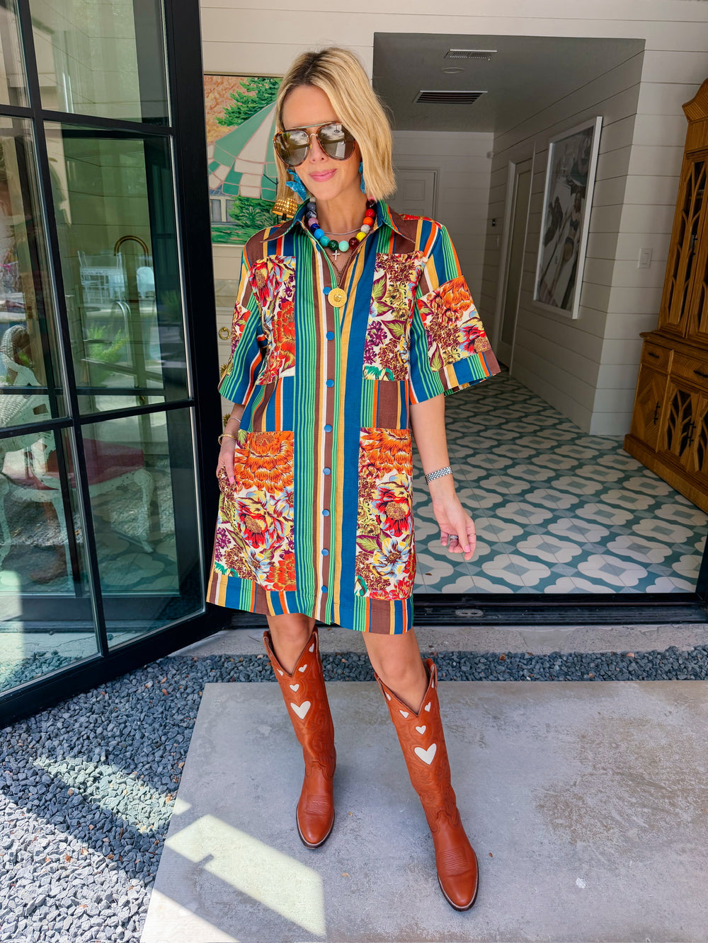 IT ALL FALLS INTO PLACE FLORAL PATCHWORK STRIPE DRESS