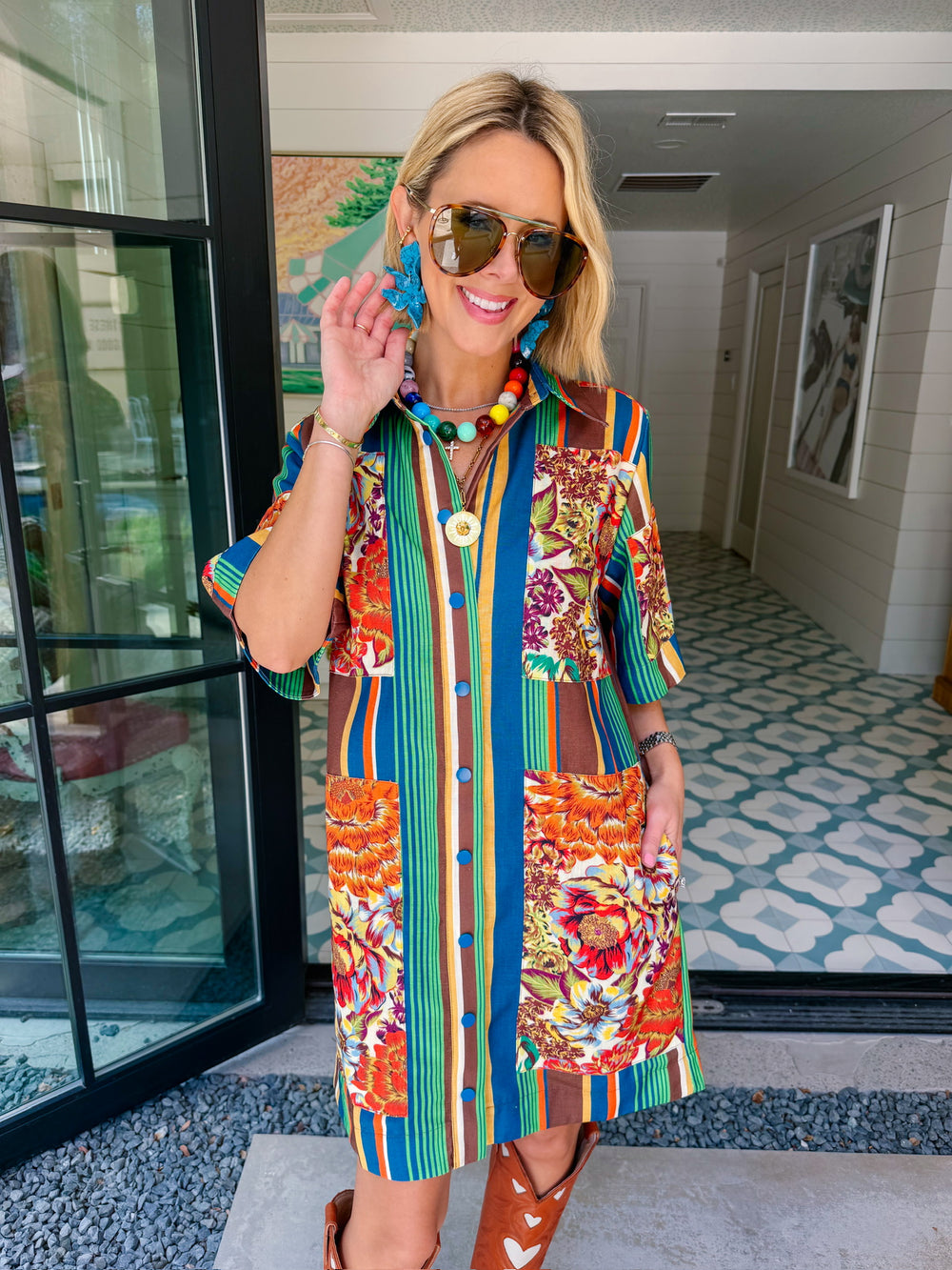 IT ALL FALLS INTO PLACE FLORAL PATCHWORK STRIPE DRESS