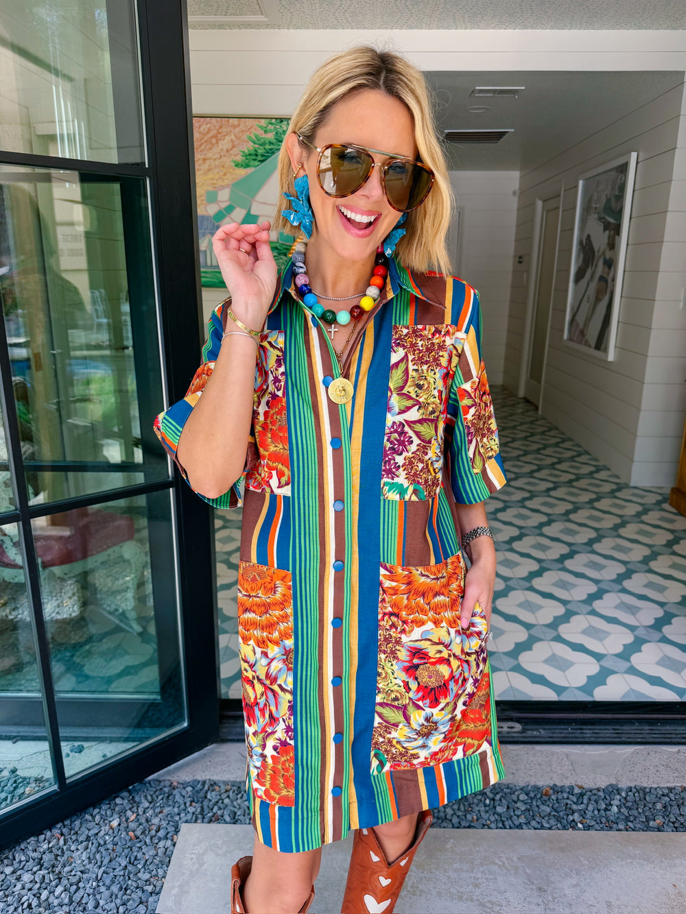IT ALL FALLS INTO PLACE FLORAL PATCHWORK STRIPE DRESS