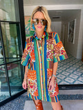IT ALL FALLS INTO PLACE FLORAL PATCHWORK STRIPE DRESS