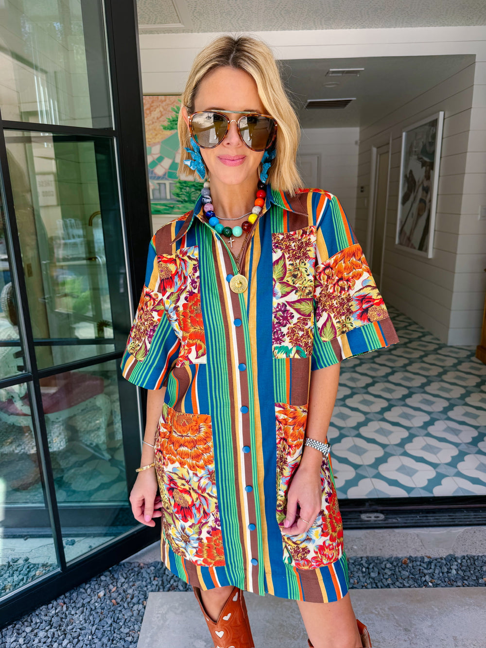 IT ALL FALLS INTO PLACE FLORAL PATCHWORK STRIPE DRESS