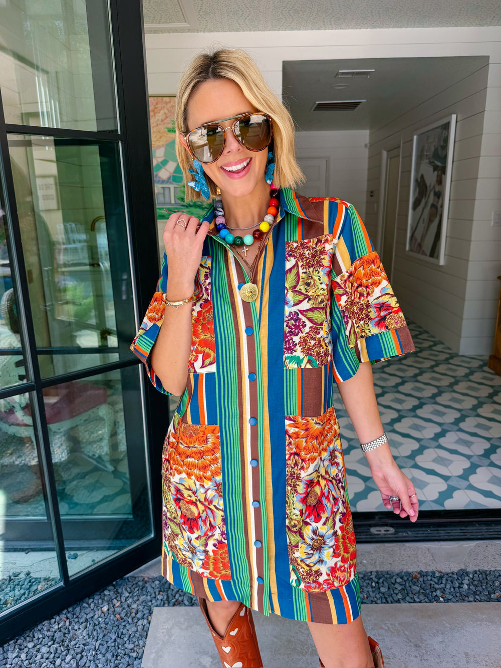 IT ALL FALLS INTO PLACE FLORAL PATCHWORK STRIPE DRESS