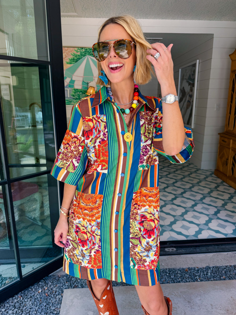 IT ALL FALLS INTO PLACE FLORAL PATCHWORK STRIPE DRESS