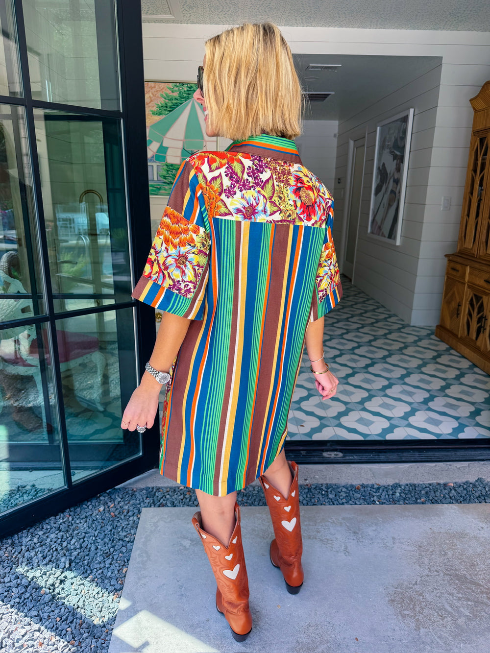 IT ALL FALLS INTO PLACE FLORAL PATCHWORK STRIPE DRESS