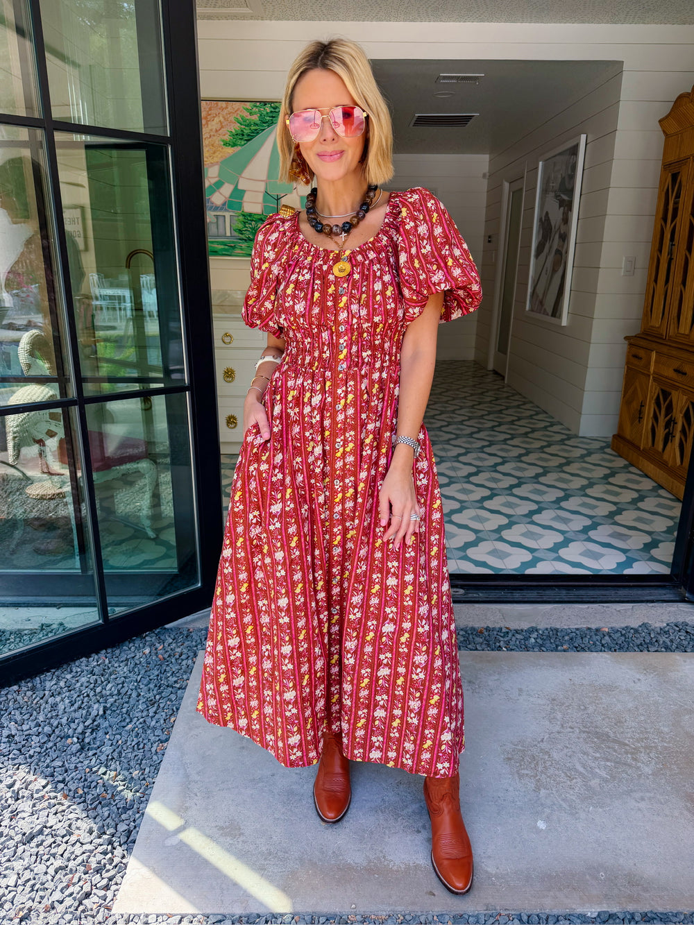 WANDER DOWN THE GARDEN PATH FLORAL MIDI DRESS - RUST