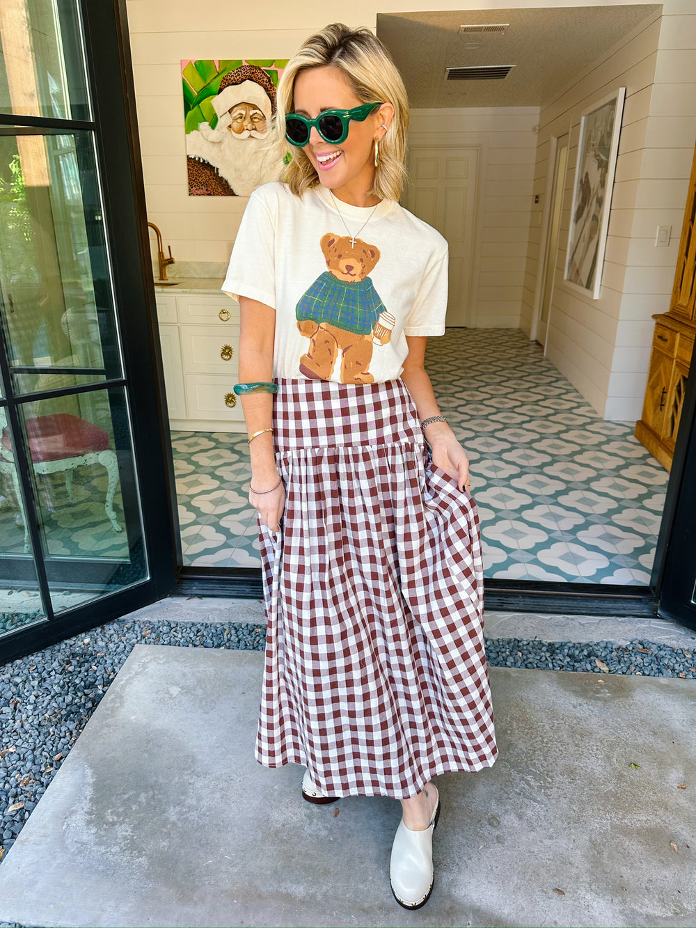 COZY PLAID BEAR CROP TEE - WHITE
