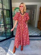 WANDER DOWN THE GARDEN PATH FLORAL MIDI DRESS - RUST