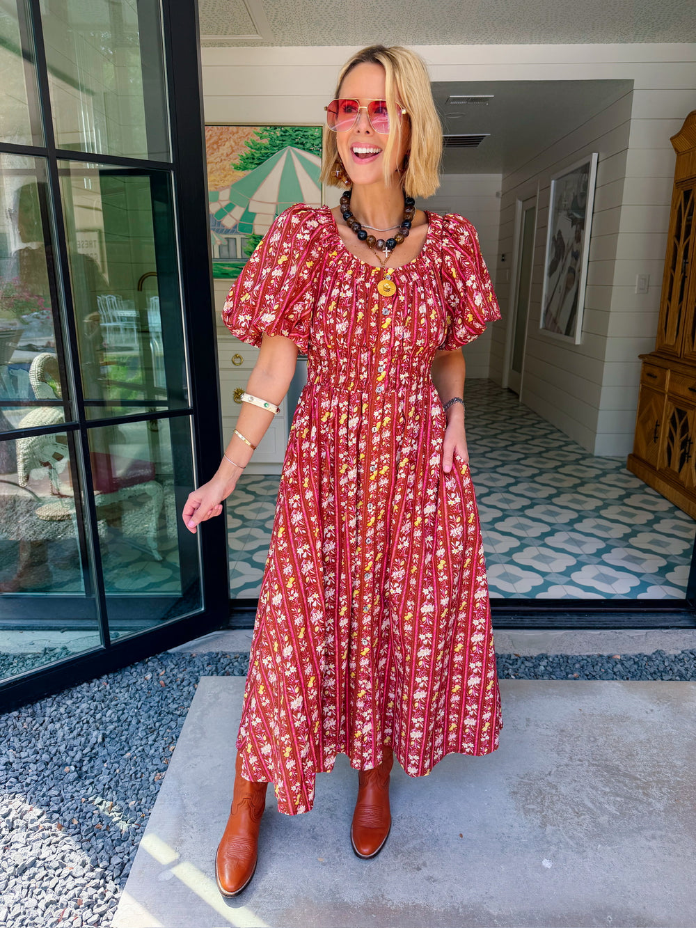 WANDER DOWN THE GARDEN PATH FLORAL MIDI DRESS - RUST