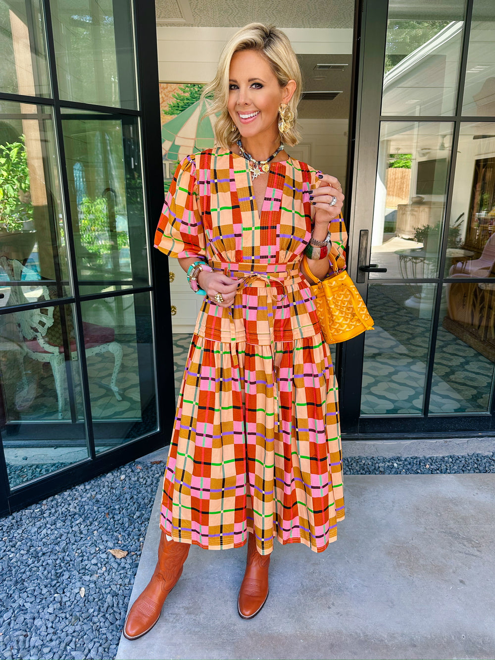 HIDDEN PATHS PLAID MIDI DRESS