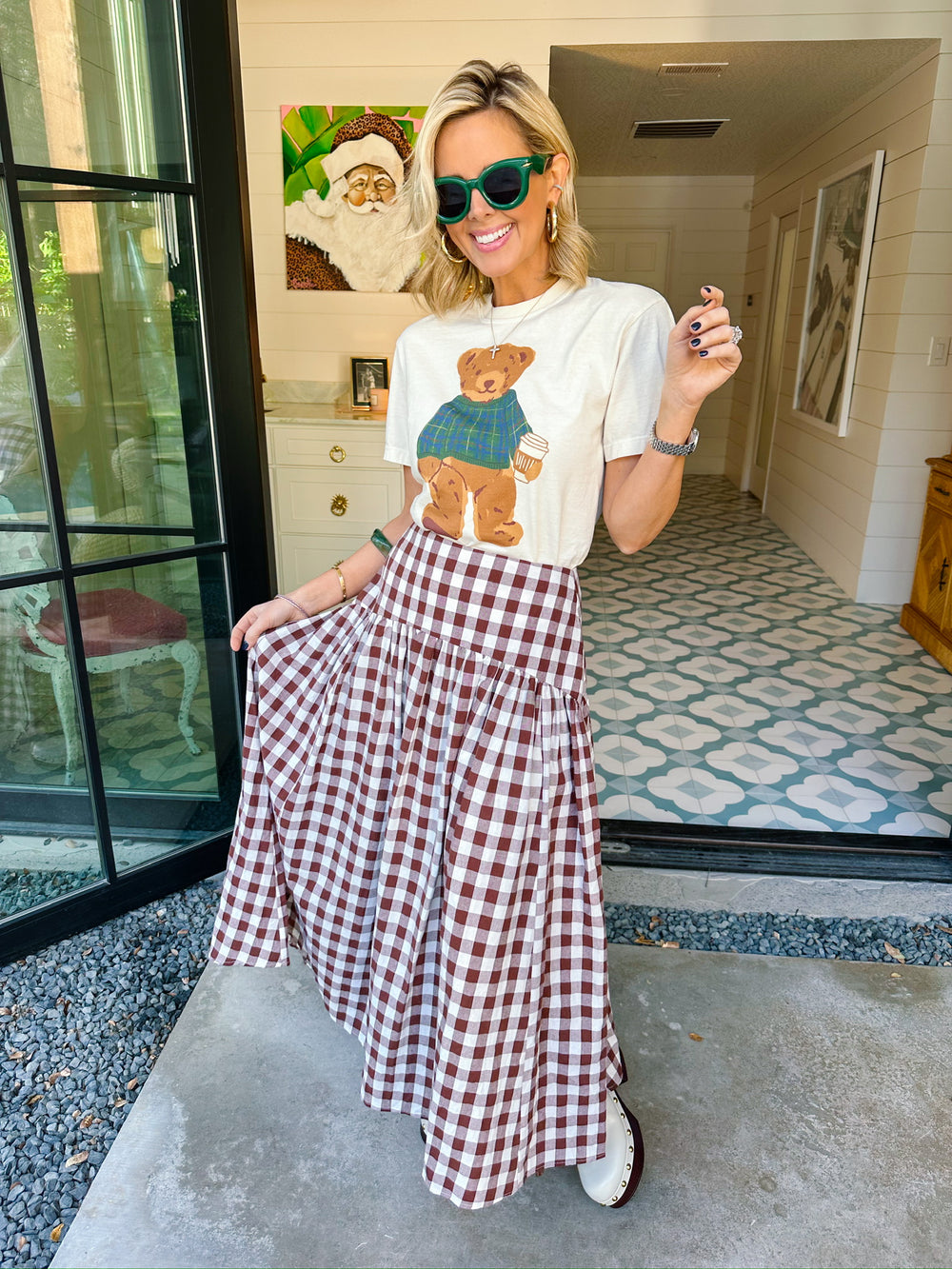 COZY PLAID BEAR CROP TEE - WHITE