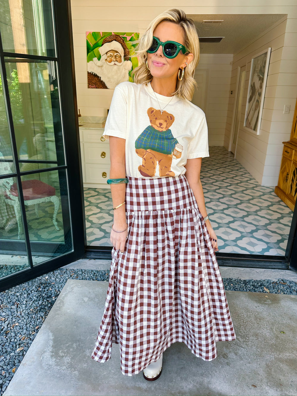COZY PLAID BEAR CROP TEE - WHITE