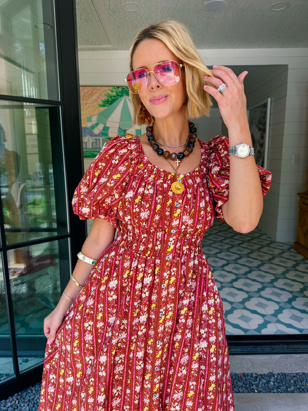WANDER DOWN THE GARDEN PATH FLORAL MIDI DRESS - RUST